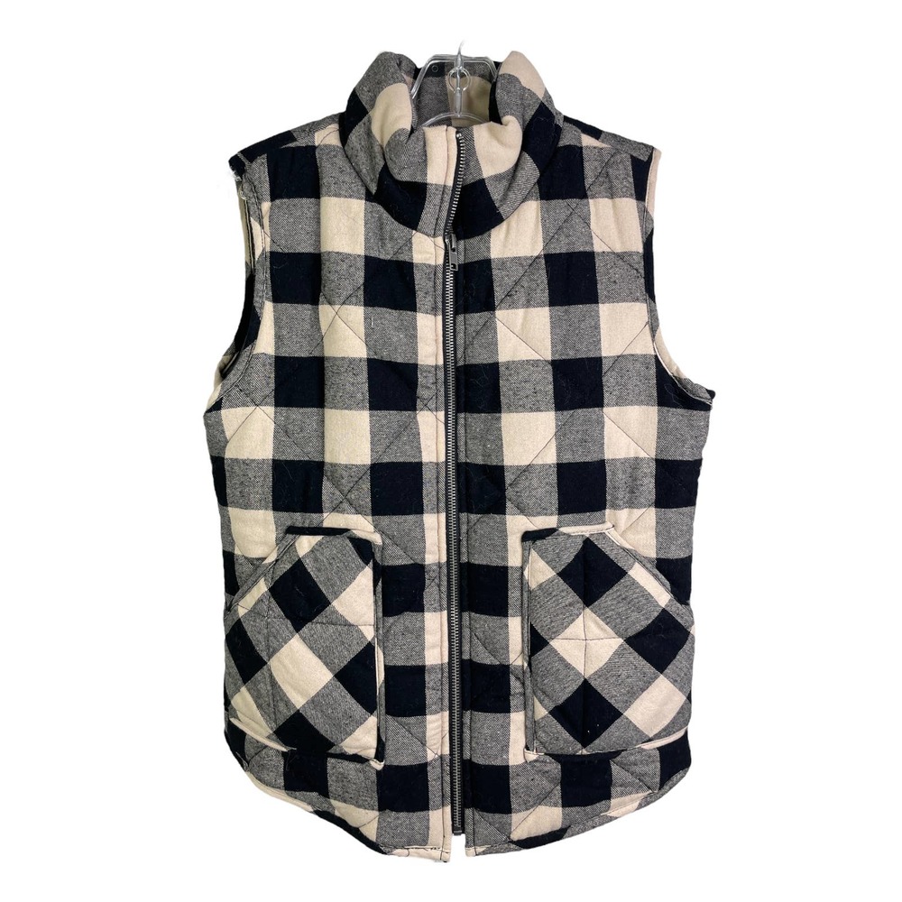 Be Cool Women's Puffer Vest Black White‎ Buffalo Plaid Winter Full Zip Cotton S